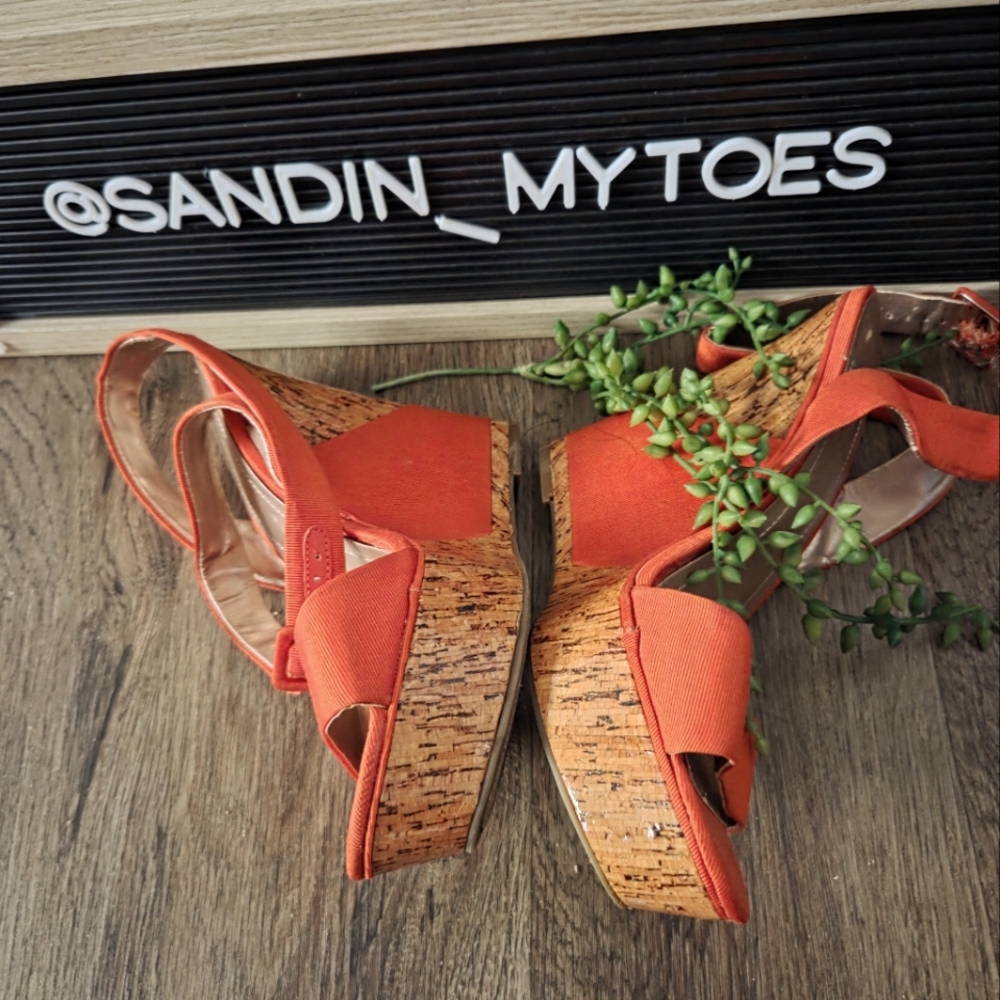 BCBGeneartion Orange/Cork Size 8 Platform Wedge Sandal w/double wrap ank…